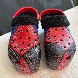 Bandana Print Three Platform Clogs - Faux Fur Lined